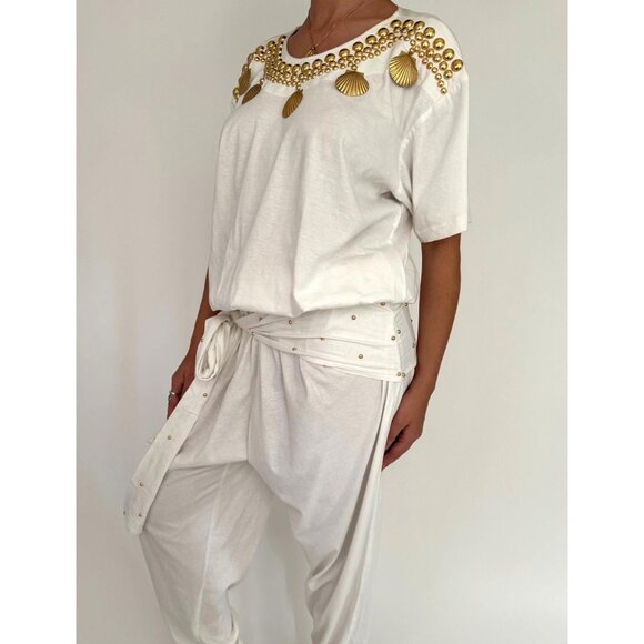 80s white embellished gold seashell retro loose cotton pant one piece jumpsuit - Picture 5 of 10